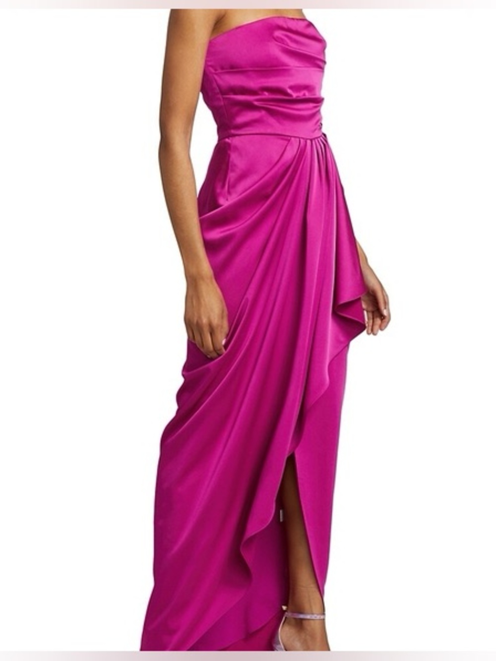 Theia Dalia Strapless Fuchsia Draped Satin Gown
